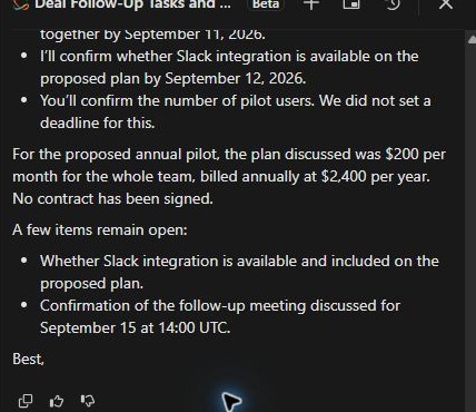 Lower part of Chloe’s email says billed annually, lists Slack and the meeting as unresolved, and ends at Best without the onboarding fee.