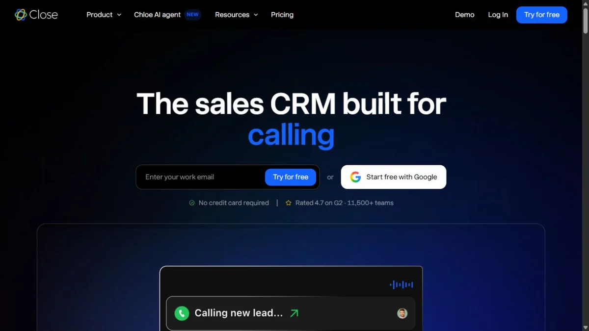 Close public homepage with a dark blue sales CRM introduction and calling interface preview.