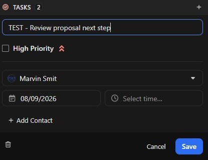 Saved Close review task is assigned to Marvin Smit with date 08/09/2026 and no time entered.