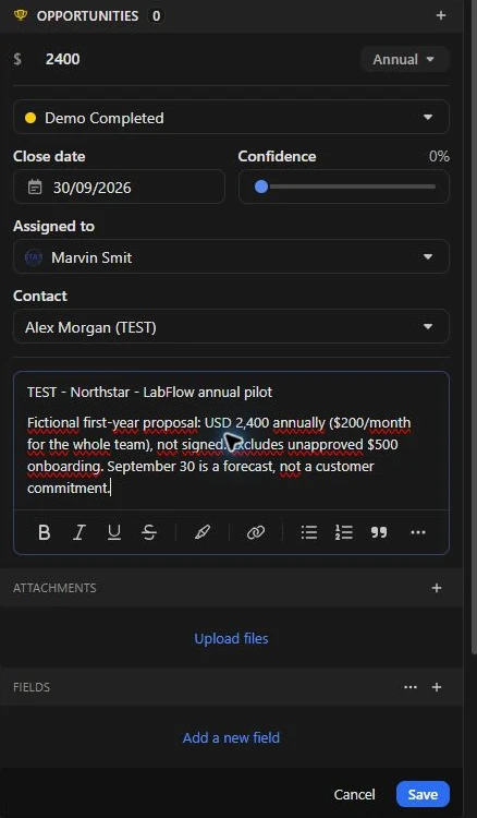Close opportunity form shows 2400 US dollars annually, Demo Completed, September 30 forecast date, Marvin as assignee and Alex as contact.