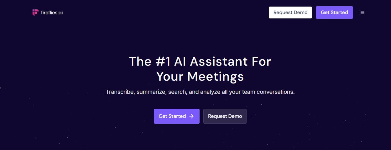 Fireflies.ai homepage with its pink logo, dark purple background, and Get Started and Request Demo buttons.