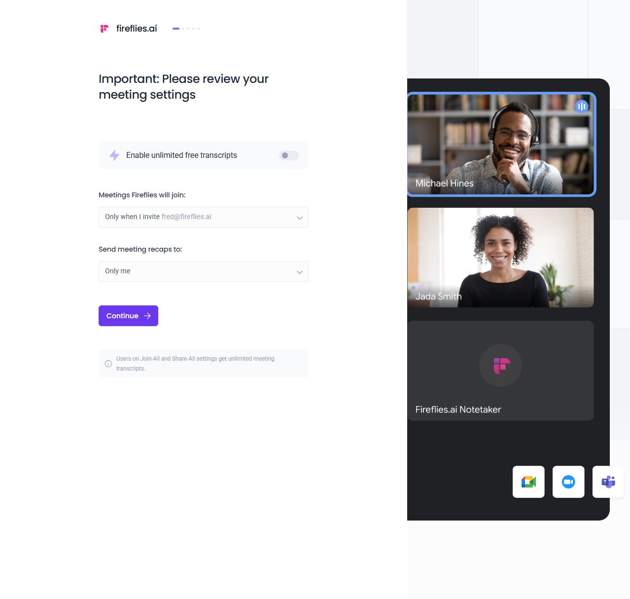 Fireflies onboarding with meetings set to Only when I invite fred@fireflies.ai and meeting recaps set to Only me.