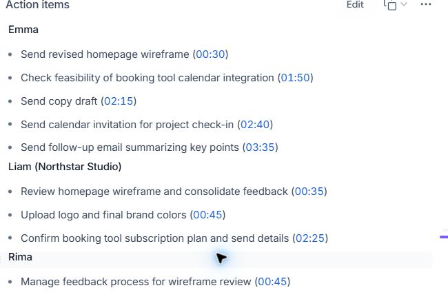 Fireflies assigns feedback and brand assets to Liam, then adds a separate feedback-management task under the unsupported name Rima.