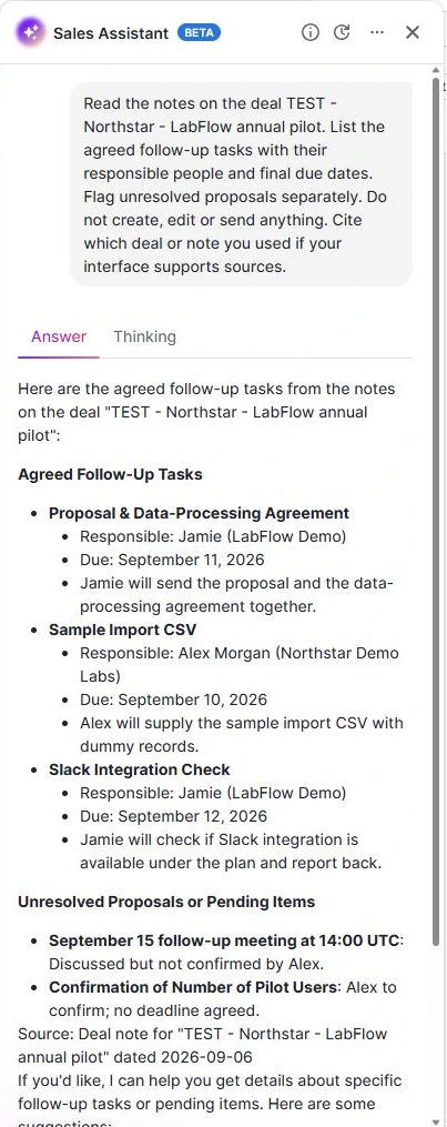Sales Assistant retrieves the final September 11 proposal deadline, September 10 CSV and September 12 Slack check, with pilot-user confirmation under pending items.